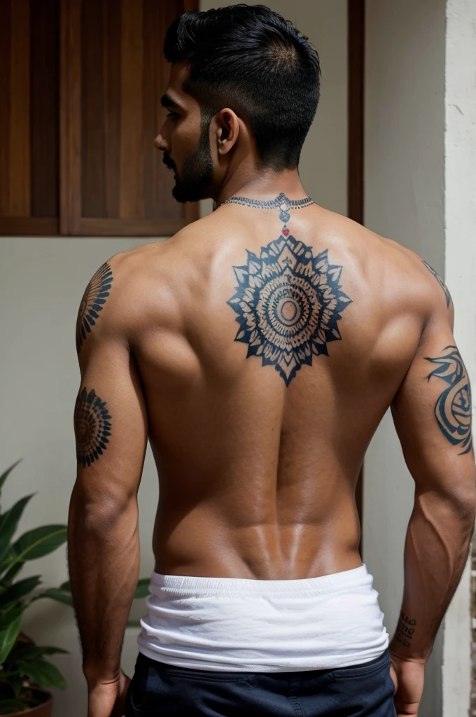 Handsome indian man with tattoo on her back