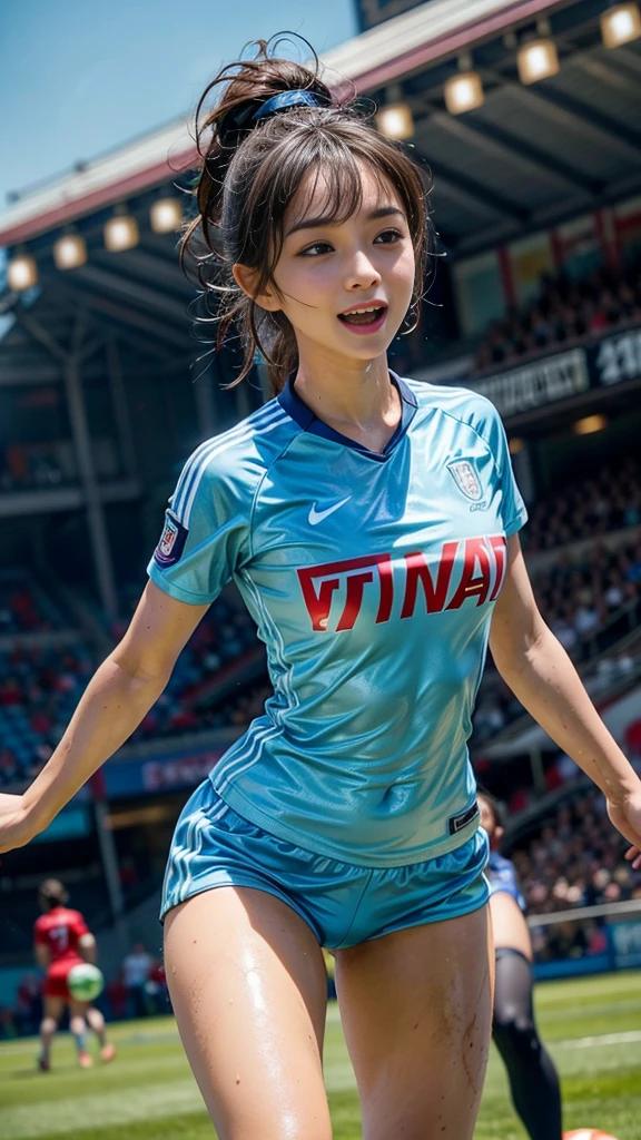 Highest quality, High resolution:1.2, Very detailed, Realistic:1.3, ((Beautiful woman))、((Super tight uniform))、((Big Breasts))、Vibrant colors, play soccer,(Blunt bangs)、((Various Hair Styles))、Different hair colors、With bangs、Wet Hair, concentrate, splash, Action Shots, Grass blotches, Muddy ground, Wet turf, decide, Fast-paced games, Athletic physique, Shiny soccer ball, Wet Uniform, raindrop, Blurred motion, ボールにconcentrateする, Intense competition, Skillful dribbling, Energetic play, Teamwork, powerful shoots, Wet pitch, Passionate sports, Fierce decide, Humid atmosphere, Fluid movement, emotional expression、Dramatic lighting, Women's Sports, Avid athletes, Exciting Games, Endure, Excited state, Speed and agility, Energetic play, 濡れたsplash、smile、Red Uniform