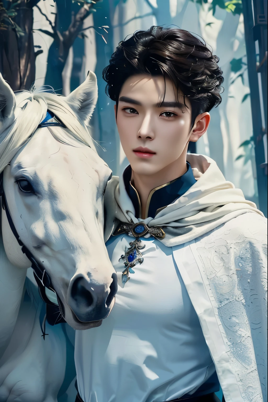 Full body image of There was a man in a white shirt, a red robe, and a white horse., แรงบันดาลใจจาก Zhang Ling He, Xianxia Fantasy, handsome prince, Yanjun Chengt, Zhang Ling He, Zhang ling He,fantasy photography, Chai Sukun, zhao yun, The White King, beautiful androgynous prince, Ross Tran and Bayard Wu., Fantasy Character Images, Who is Xi Wu?, Inspiration from Hangan