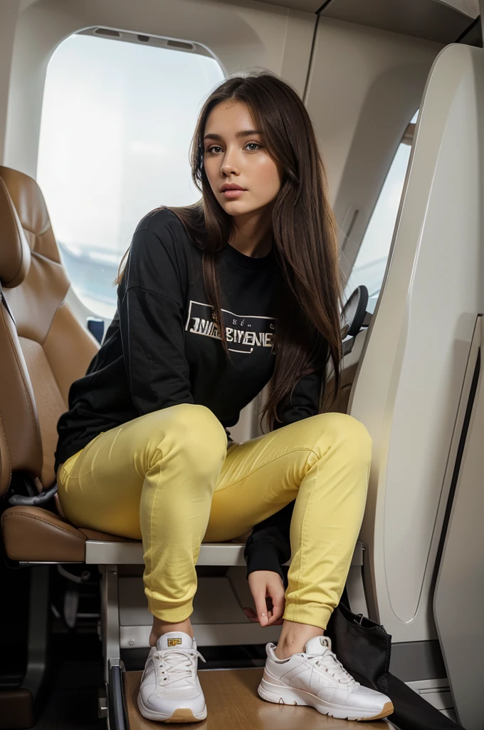 best quality, 4k, 8k, highres, masterpiece:1.2), ultra- detailed, (realistic, photorealistic, photo -realistic:1. 37), woman, full body, long black hair, detailed face, woman with long brown hair and perfect face), por trait sophie mudd, thick ash brown hair and large ey es, extremely beautiful face, aquiline nose, glossy II ps, anna nikonova aka newmilky, very pretty model, very pretty face, very beautiful girl, beautiful model girl, dasha taran, beautiful model, very beautiful fac e, beautiful girl model, flawless face, ultra beautiful A model poses a girl photo inside an airplane wearing big sunglasses and black shirt and red pant and yellow shoes sitting on airplane chair beside a stranger and she looks from window wearing yellow color sneakers shoes and red skinny long pant and black long sleeve shirt