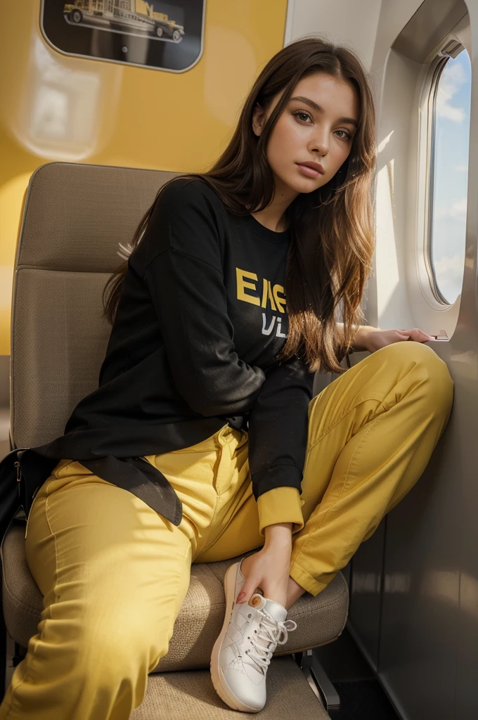 best quality, 4k, 8k, highres, masterpiece:1.2), ultra- detailed, (realistic, photorealistic, photo -realistic:1. 37), woman, full body, long black hair, detailed face, woman with long brown hair and perfect face), por trait sophie mudd, thick ash brown hair and large ey es, extremely beautiful face, aquiline nose, glossy II ps, anna nikonova aka newmilky, very pretty model, very pretty face, very beautiful girl, beautiful model girl, dasha taran, beautiful model, very beautiful fac e, beautiful girl model, flawless face, ultra beautiful A model poses a girl photo inside an airplane wearing big sunglasses and black shirt and red pant and yellow shoes sitting on airplane chair beside a stranger and she looks from window  wearing yellow color sneakers shoes and red skinny long pant and black long sleeve shirt 