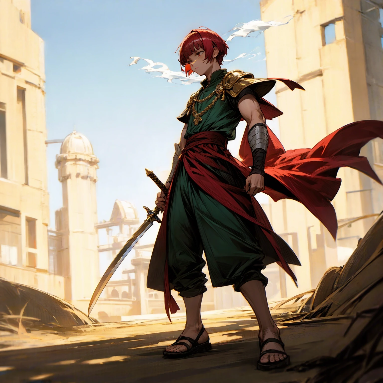 1boy, Full body version, 1character, muscle hand, muscle body, gold eyes, deep skin, bowl cut hairstyle, monolid eyes type, maroon colour hair, Renaissance clothing, lime color clothing, Ancient Roman sandals, two dagger knife silver in two hand, silver armor knight, Grassroots background in green fields, full background, in the afternoon, the silhouette of the afternoon sun, fire, fire, smoke, dagger knife emits light