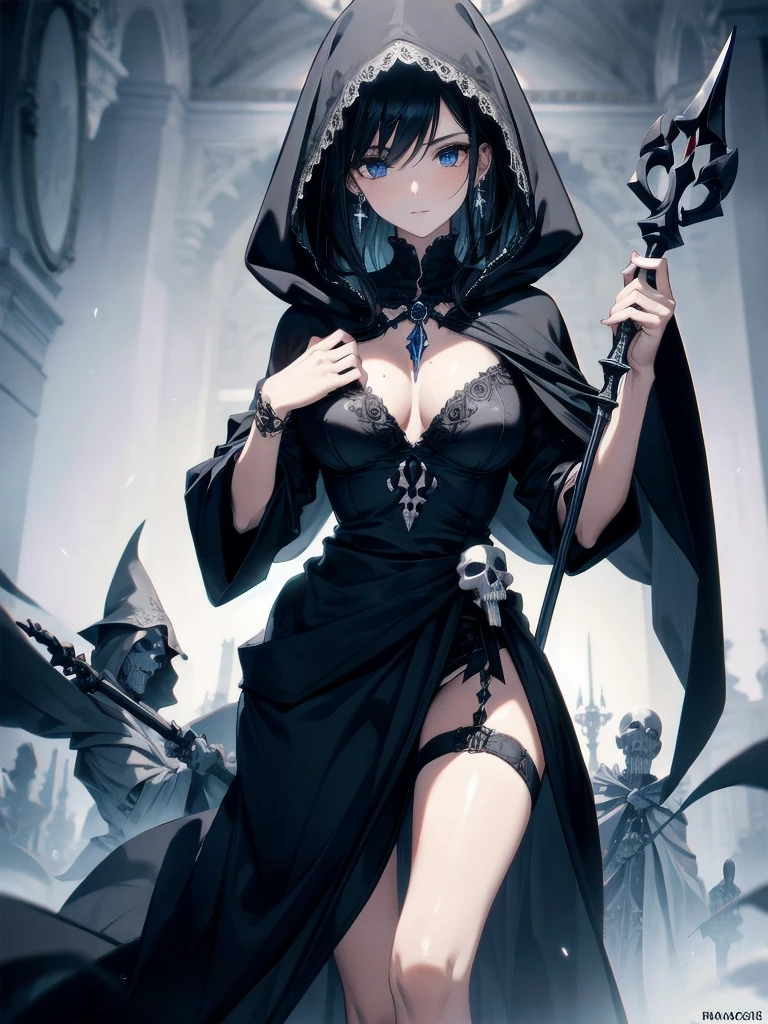 absurdres, RAW photo, extremely delicate and beautiful, masterpiece, Best Quality, ultra high resolution, 32k, hyperrealistic, ultra-detailed, in her 20s, delicate facial features, tearful mole, earring, medium breasts, full body shot, shorter middle hair, black hair, Necromancer, large black hooded cloak, Gray Torn Mage Robe, Skeleton ornaments, Holding skull scepter in hand,