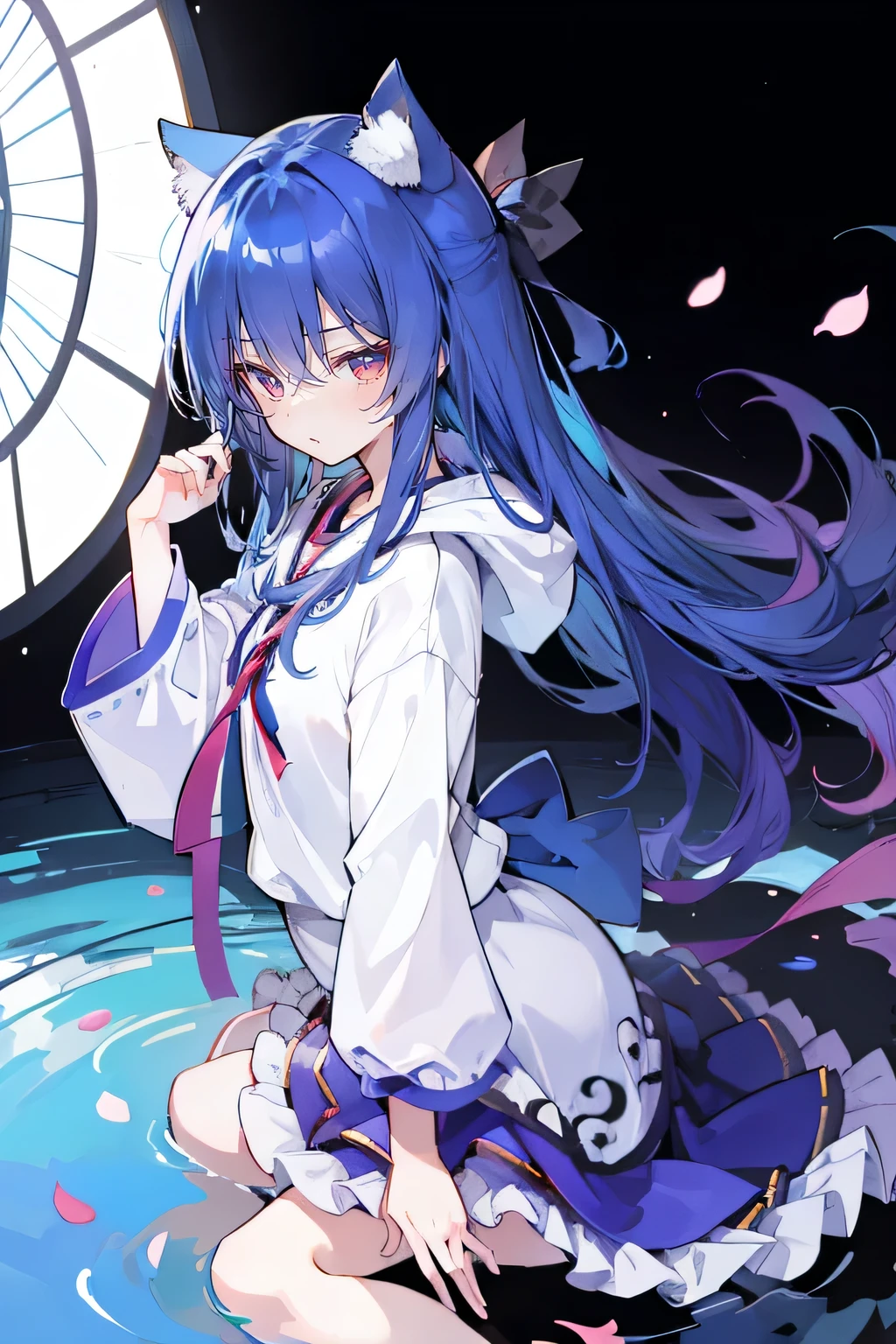 (masterpiece:1.2),Super detailed,lifelike,Expressive eyes,fair skin,perfect face shape,1 girl,
Japanese comics,Gorgeous blue hair,flowing blue hair,flowing clothes,Cat ears,Petals fall,beautiful lola,Baby Angel,
Shaking head with one hand,Cross your legs,Gentle and peaceful background,The pavilion is cool and comfortable,smile, wearing hoodie, background of tokyo,back views, winter,lie on the water。