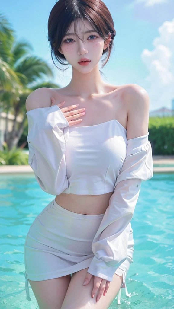 Beautiful woman with perfect figure:1.4，Swimming background，Desert Background，Ultra-high resolution，Seductive laughter，wear glasses，White legs，（lifelike：1.4），Layered Hairstyle，White skin，Black mini pleated skirt，whole body，Very delicate face and skin texture，Double eyelids，Skin Whitening，Long hair，White hair，White，