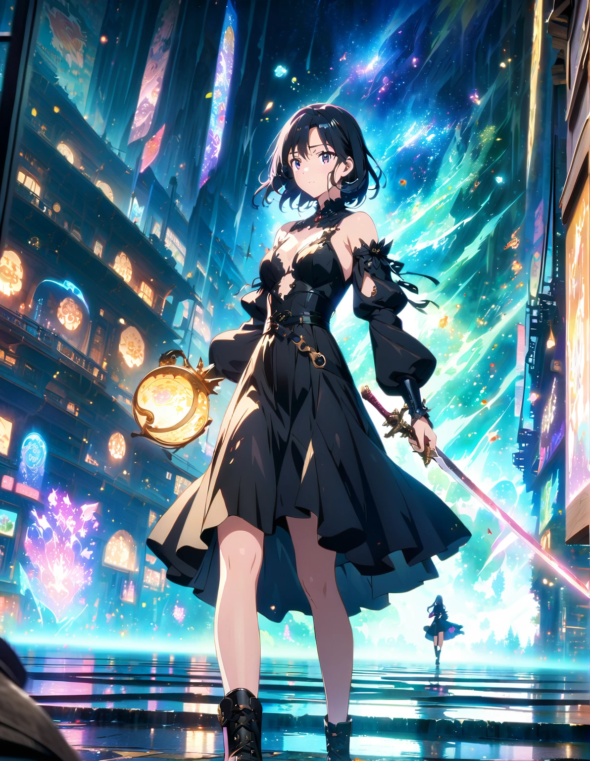 (超detailedなイラスト:1.2),Very delicate and beautiful,非常にdetailed,CG,Unity,8k wallpaper,wonderful,detailed,masterpiece,The best quality in the best condition,Official Art,非常にdetailed CG 8k Unbelievably ridiculous resolution,Beautiful and exquisite,High resolution,非常にdetailedな目と顔,Anime girl walking with a sword in the rain at night, Kschaert Krentz Key Art Feminine, Anime girl in a black dress, Beautiful fantasy anime, anime art wallpaper 4k, anime art wallpaper 4k, Anime Art Wallpapers 8K, Anime fantasy artwork, Anime Style 4k, Beautiful anime art, Anime fantasy illustration, Spectacular artwork of anime, 4k anime wallpaper