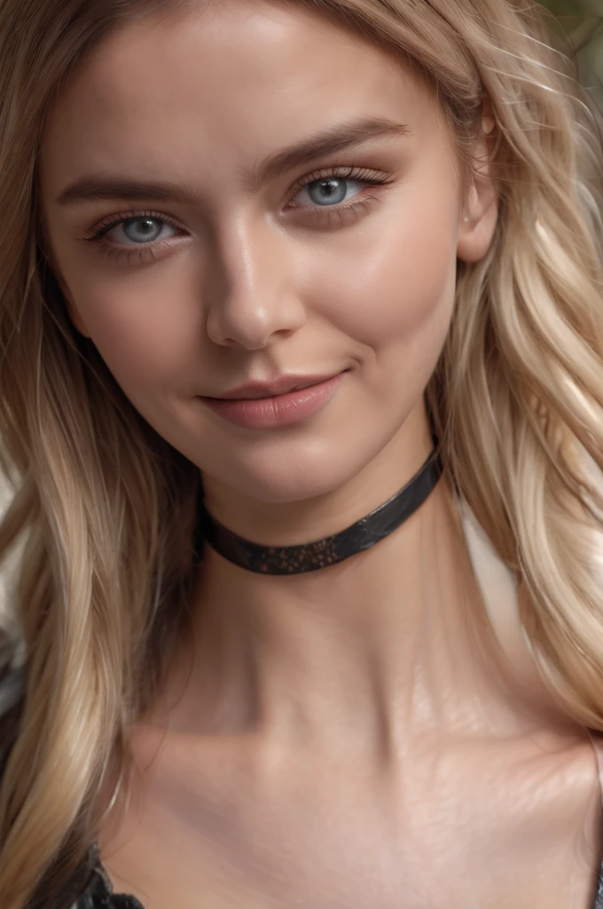 4k, 8k, ultra highres, raw photo in hdr, sharp focus, intricate texture,realistic, detailed facial features, highly detailed face, posing,perfect lighting,long hair,makeup,close-up,choker,smile,Dollblush2,blonde hair