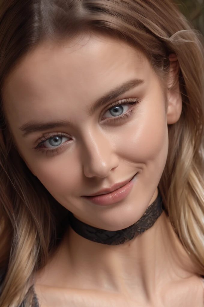 4k, 8k, ultra highres, raw photo in hdr, sharp focus, intricate texture,realistic, detailed facial features, highly detailed face, posing,perfect lighting,long hair,makeup,close-up,choker,smile,Dollblush2,blonde hair