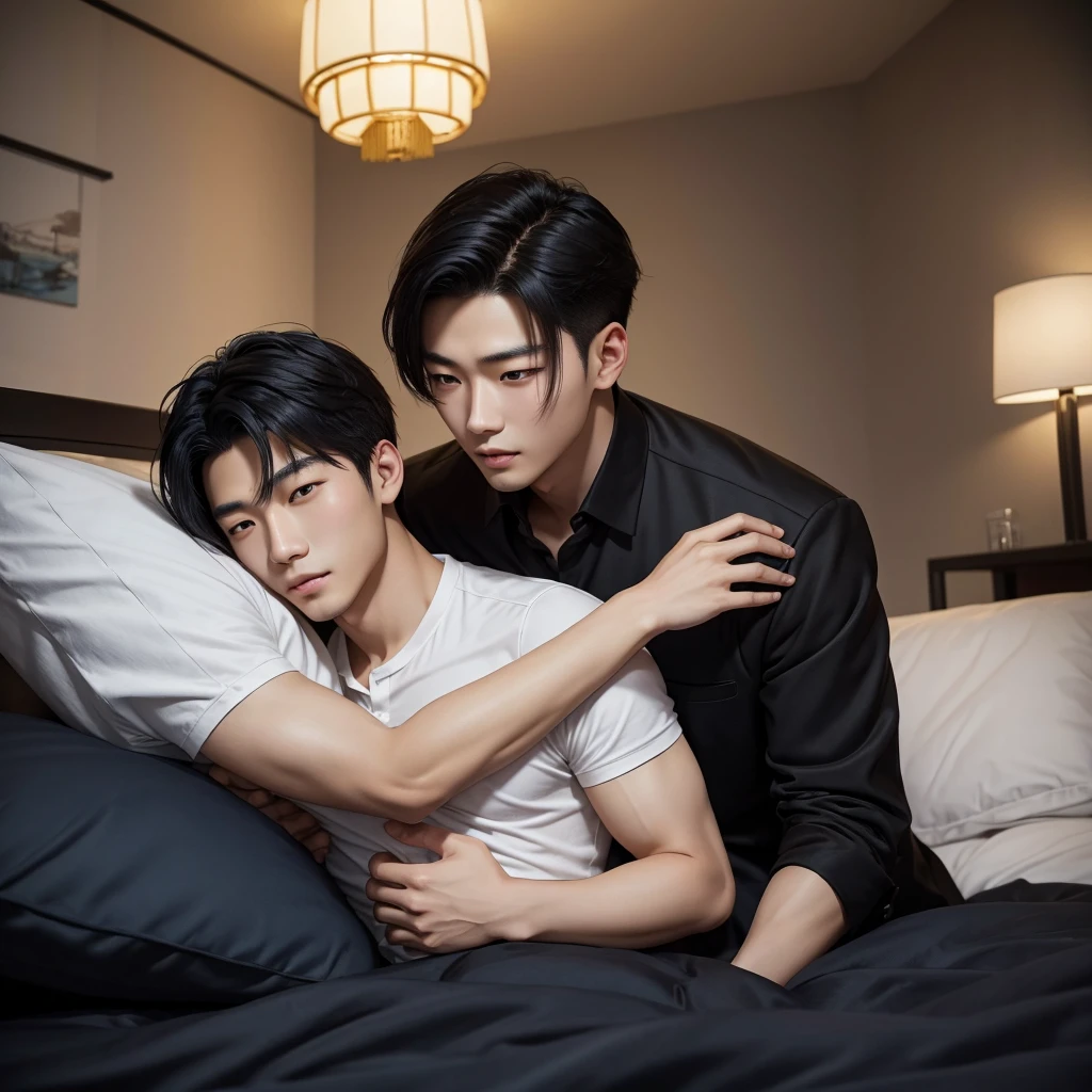 A Chinese young adult man with black hair and brown eyes forcely hugged a Chinese young man with blond hair and blue eyes in a big black velvet bed.