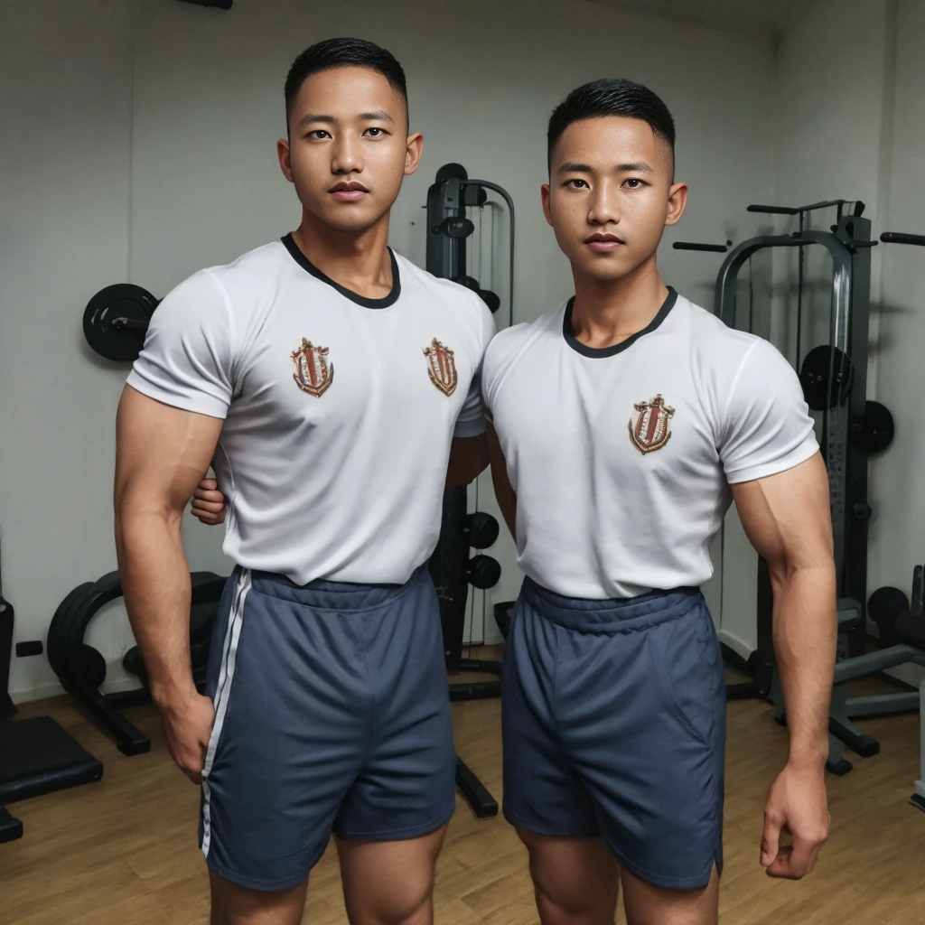 masterpiece, best quality, high resolution, realistic, handsome, photogenic, syahnk, SFW, a photo of a 35 year old gym frat (man:1.2) portrait, standing in a gym , military press, weights, stunning , short buzzcut hair,stubble head , (hypermuscle),looking at the viewer, flirting with the camera, charming, (tight white gym shirt ),(GS-Masculine:1), 8K UHD