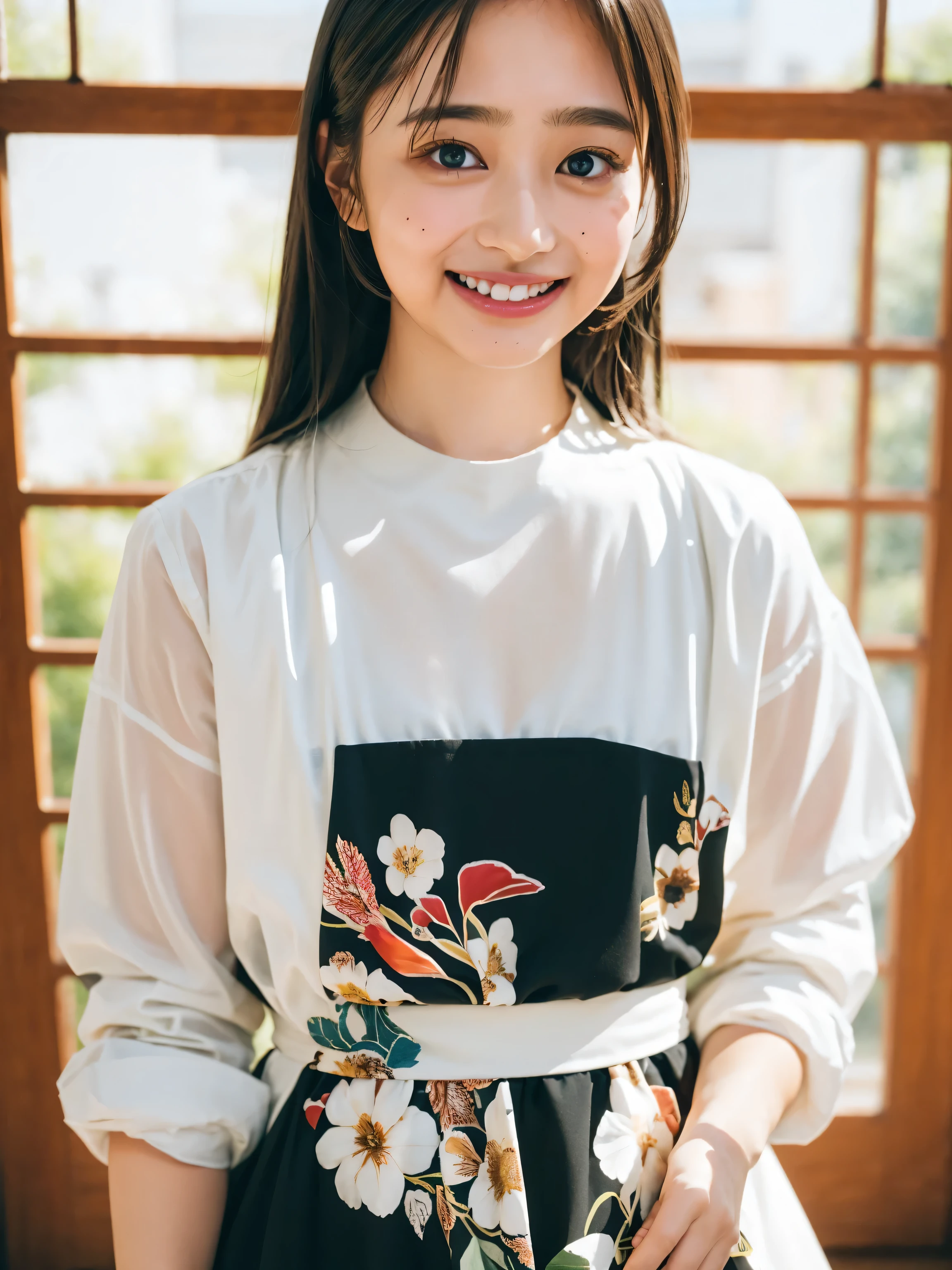 ((highest quality、8k、masterpiece:1.3)),((((upper body shot)))),Ultra-high resolution,big eyes,Japanese,forehead,bangs,(a girl),(1 girl),(()),((cute)),pretty,((facing at viewer)),(long hair),((black shirts)),grin