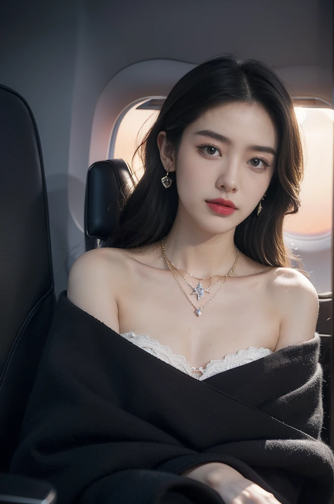 (((best quality))),(((ultra detailed))),(((masterpiece))),illustration,(a beautiful girl,female passenger,solo),(parted red lips),((slim,thin,small breasts,flat chest)),((earrings,crystal necklace)),summer night,((in airplane,economy class,indoor)),((strapless bra made of blanket)),(shoulder length straight bob hair:1.2),stars,moonlight,smooth flight,engine sound,lullaby,relaxed,excited,laughing,visiting family,comfortable seats,soft fabric,headrests,adjustable,beauty of night sky,dimmed lights,sleeping passengers,movies,personal screens,staying awake,magic of sky,joy of being with family,memorable journey,adventures,(surrounded by crowded crowds:1.3),(Outside the window is high-altitude night view:1.2),((from front,close-up of face))