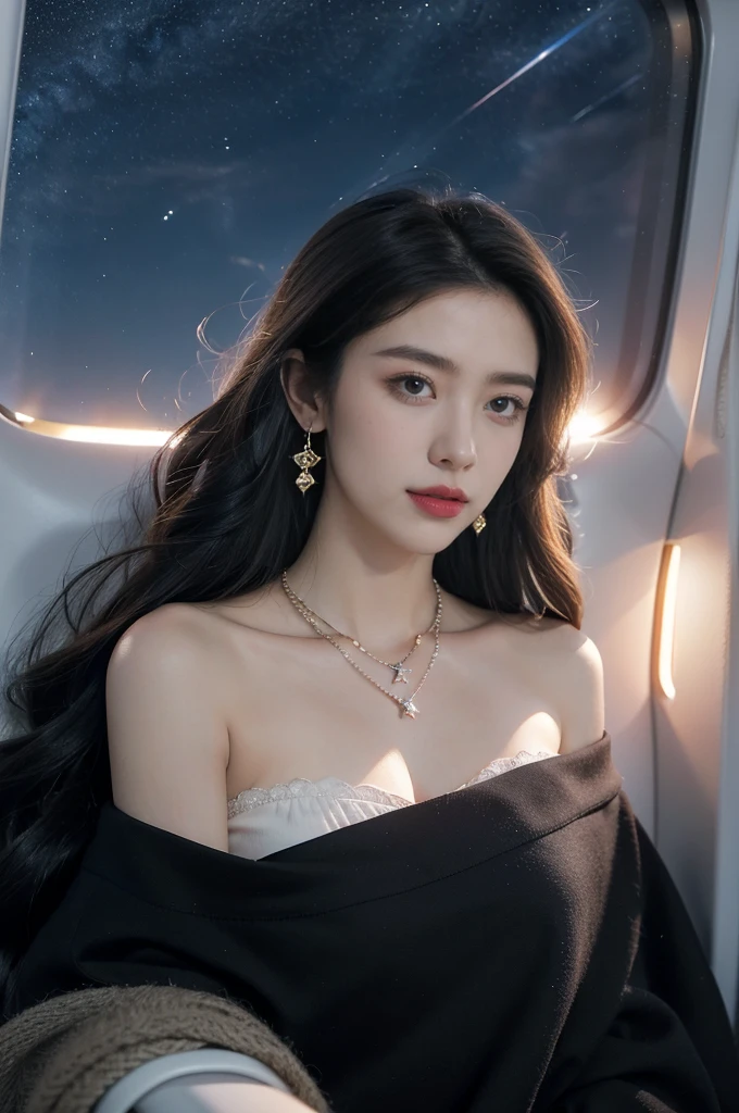 (((best quality))),(((ultra detailed))),(((masterpiece))),illustration,(a beautiful girl,female passenger,solo),(parted red lips),((slim,thin,small breasts,flat chest)),((earrings,crystal necklace)),summer night,((in airplane,economy class,indoor)),((strapless bra made of blanket)),(shoulder length straight bob hair:1.2),stars,moonlight,smooth flight,engine sound,lullaby,relaxed,excited,laughing,visiting family,comfortable seats,soft fabric,headrests,adjustable,beauty of night sky,dimmed lights,sleeping passengers,movies,personal screens,staying awake,magic of sky,joy of being with family,memorable journey,adventures,(surrounded by crowded crowds:1.3),(Outside the window is high-altitude night view:1.2),((from front,close-up of face))