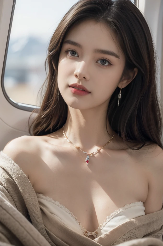 (((best quality))),(((ultra detailed))),(((masterpiece))),illustration,(a beautiful girl,female passenger,solo),(parted red lips),((slim,thin,small breasts,flat chest)),((earrings,crystal necklace)),summer night,((in airplane,economy class,indoor)),((strapless bra made of blanket)),(shoulder length straight bob hair:1.2),stars,moonlight,smooth flight,engine sound,lullaby,relaxed,excited,laughing,visiting family,comfortable seats,soft fabric,headrests,adjustable,beauty of night sky,dimmed lights,sleeping passengers,movies,personal screens,staying awake,magic of sky,joy of being with family,memorable journey,adventures,(surrounded by crowded crowds:1.3),(Outside the window is high-altitude night view:1.2),((from front,close-up of face))
