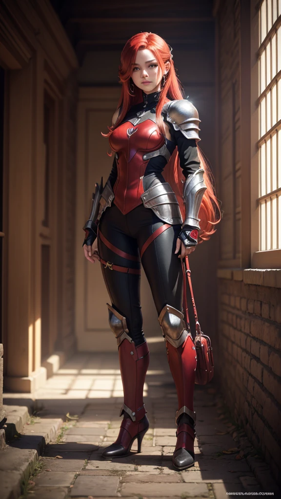 masterpiece, human propotions, best quality, high resolution, full body, red hair, cyber metal armor