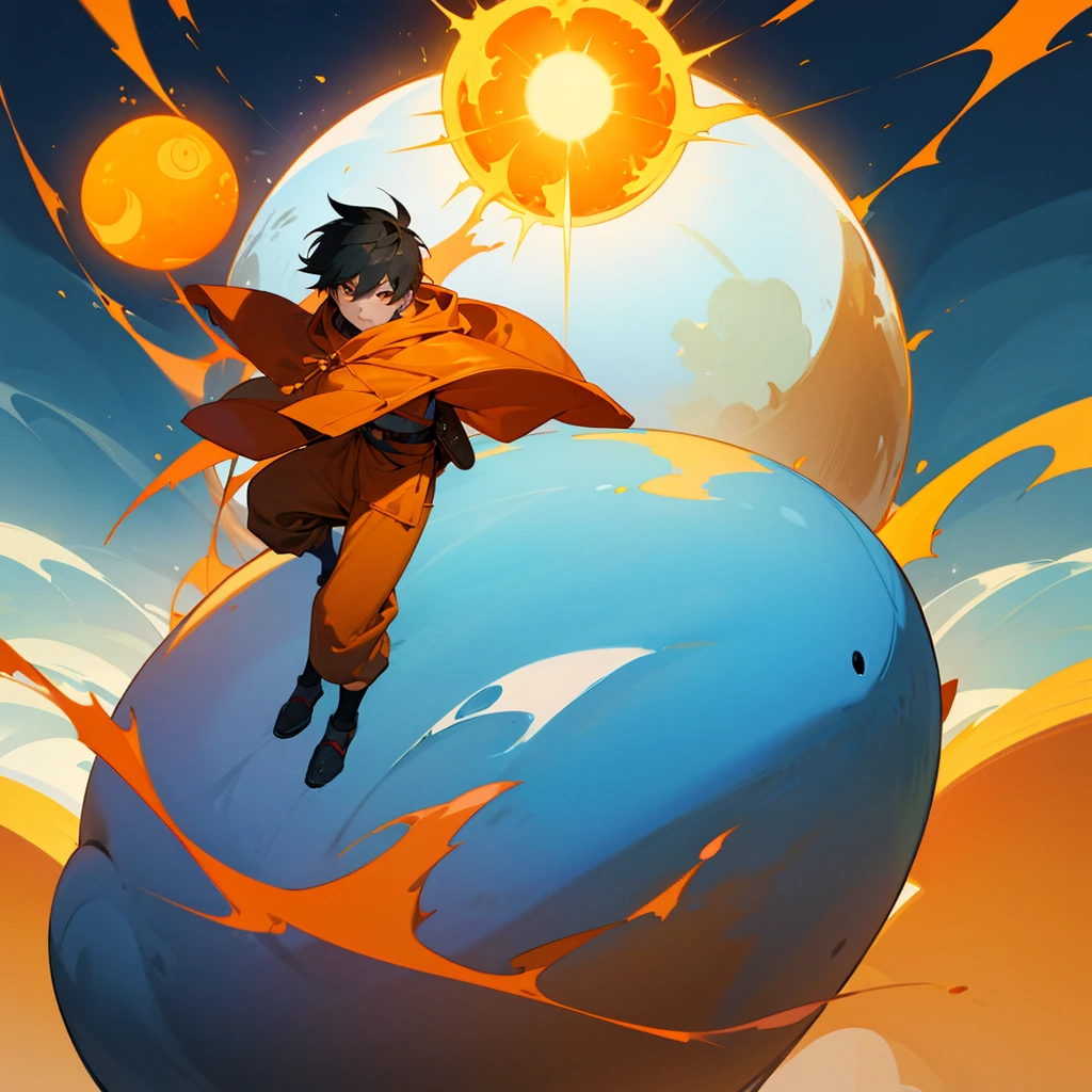 Create a 10-year-old boy named Sun who has an orange wizard&#39;s hat, an orange cloak, a very cute smile, a very cute young face and a sun god&#39;s staff