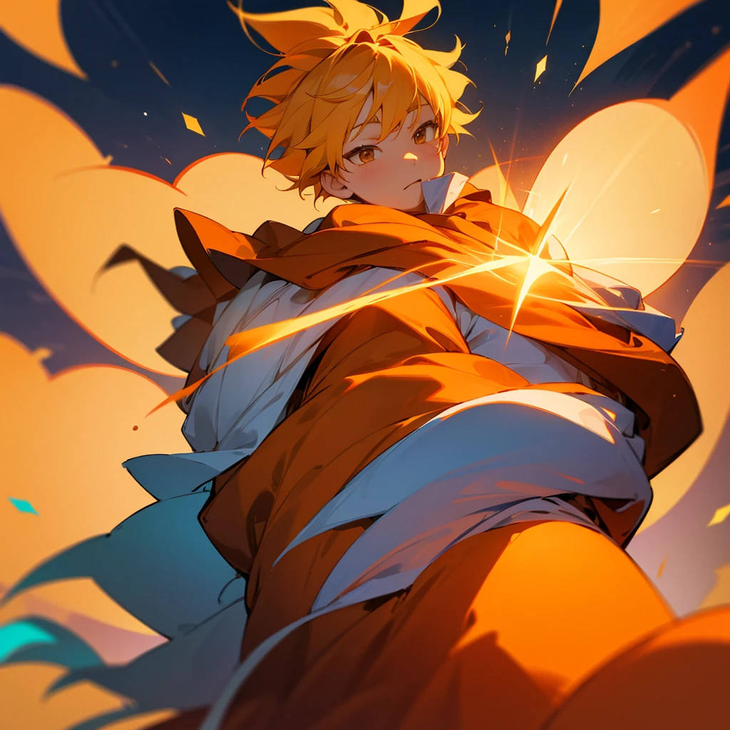 Create a 10-year-old boy named Sun who has an orange wizard&#39;s hat, an orange cloak, a very cute smile, a very cute young face and a sun god&#39;s staff