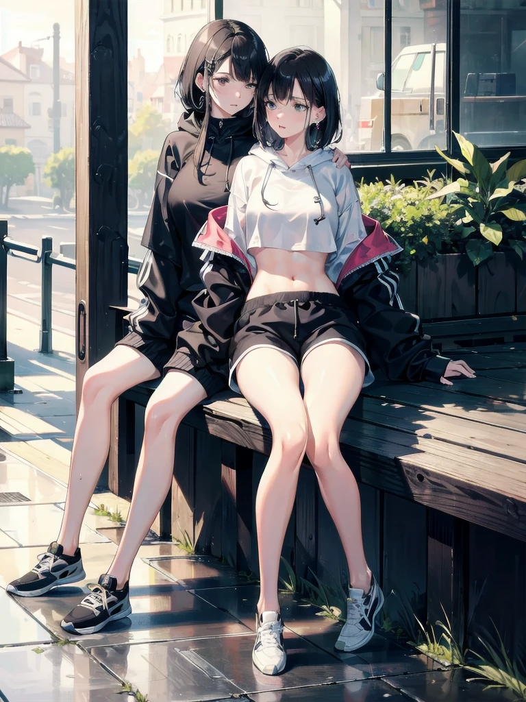 absurdres, RAW photo, extremely delicate and beautiful, masterpiece, Best Quality, ultra high resolution, 32k, hyperrealistic, ultra-detailed, in her 20s, delicate facial features, tearful mole, earring, medium breasts, full body shot, shorter middle hair, black hair, wet clothes, tracksuit shorts, Lightweight hoodie, crop top,