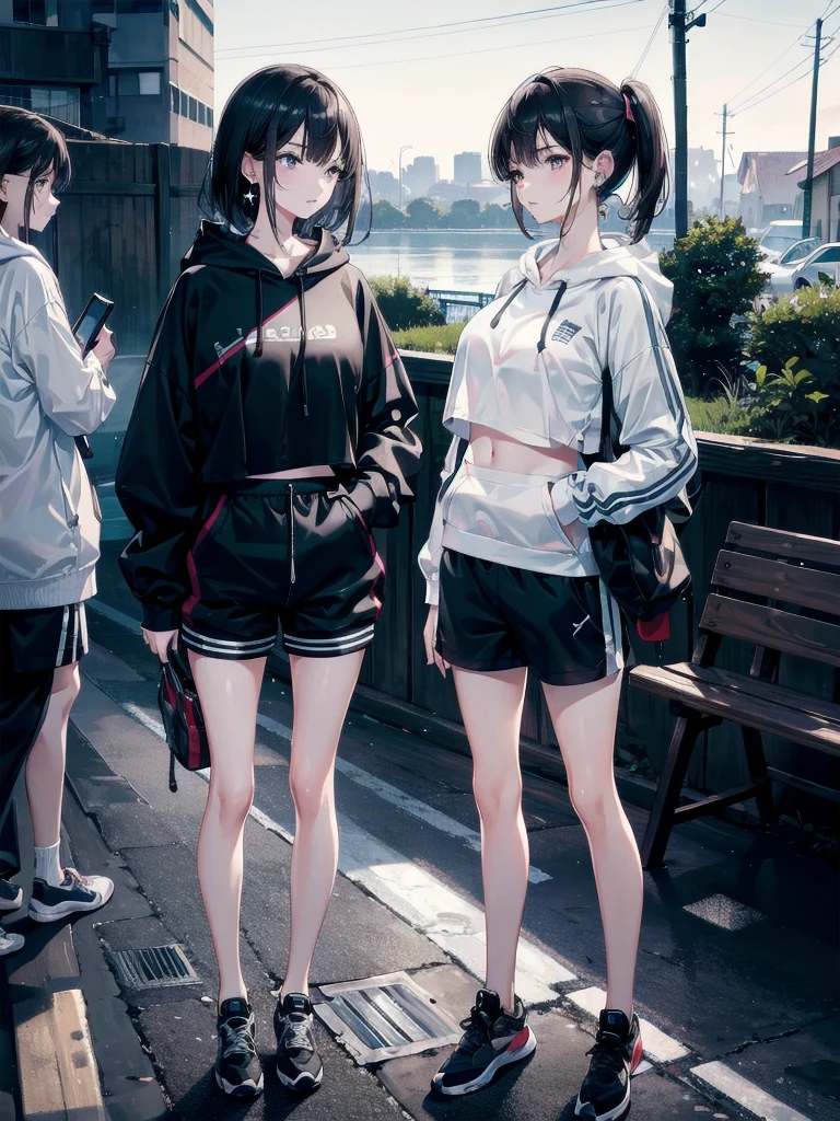 absurdres, RAW photo, extremely delicate and beautiful, masterpiece, Best Quality, ultra high resolution, 32k, hyperrealistic, ultra-detailed, in her 20s, delicate facial features, tearful mole, earring, medium breasts, full body shot, shorter middle hair, black hair, wet clothes, tracksuit shorts, Lightweight hoodie, crop top,