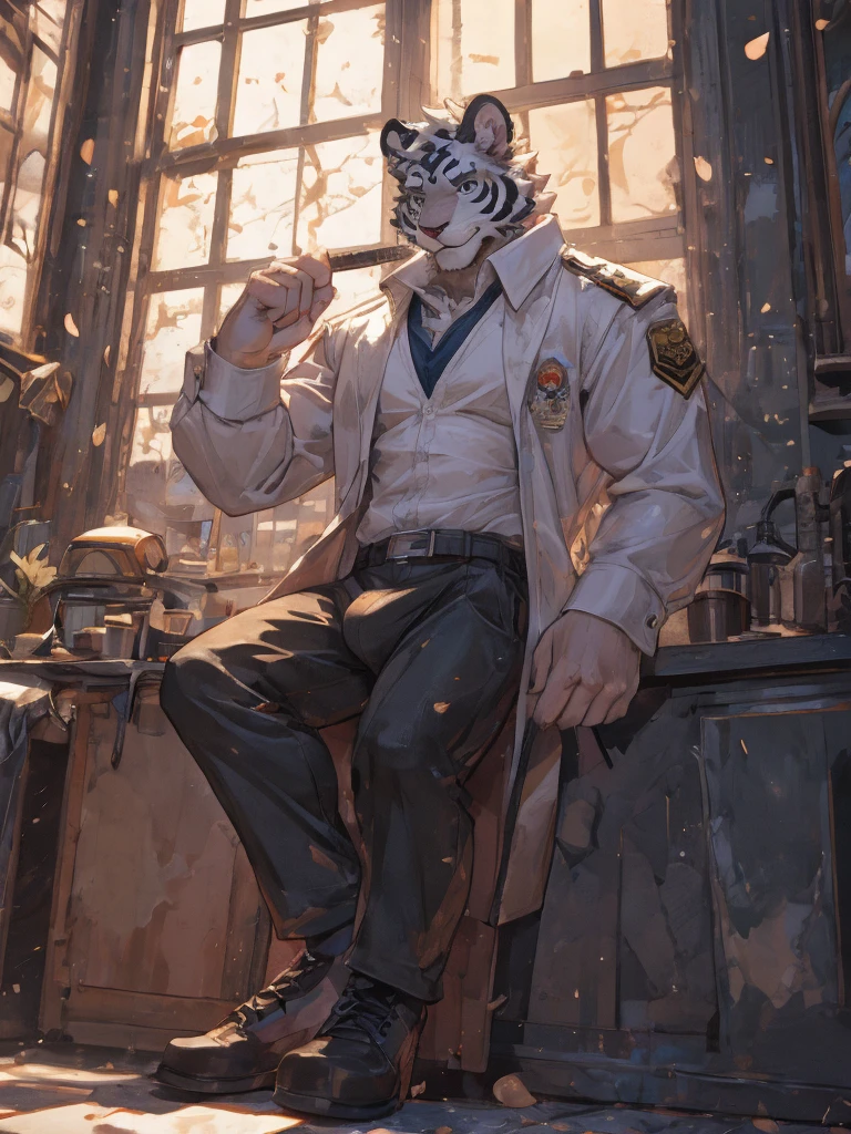 {{bara extremely handsome white tiger,}} {{white fur,}} white, wearing military like purple trench coat, purple trousers, white dress shirt and necktie, white fluffy furry body and limbs, loafers, very tall, very broad shoulders, narrow waist, muscular arms, massive pecs, purple eyes, very long legs,  sitting on swivel chair with legs spread, perspective, massive bulge, reading file, sophisticated hot look, sexy pose, full body, sunlight casting over, 3/4 view, best quality, high quality, silver earring on left ear, sultry smirk