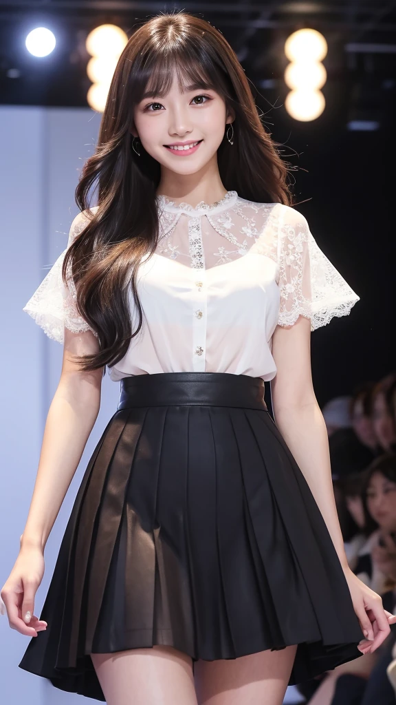 Amazingly large eyes、Smiling expression with white teeth visible、H cup bust、50cm waist、Slender and fair-skinned、Japan woman with long hair、20-year-old、Slim figure、Wearing a pleated skirt and a sheer lace blouse that flutters in the vivid breeze、Wearing high heels。On the runway at a fashion show、Her whole body was shown, from her high heels to her head, as she walked towards the viewer.、Bright, photo-quality images。
