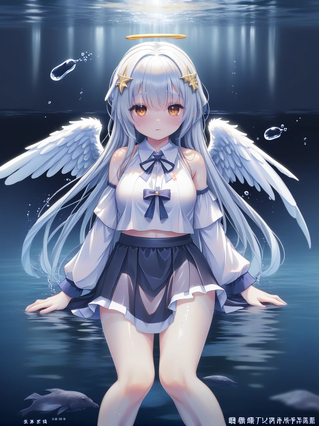partially underwater, lakeの女神, Long Hair, Wet Hair,
lake,Dark Background, Blurred Edges,8-year-old、Flat Chest、skirt、Above the water line from the neck、Corpses in the water, Underwater Photography、浮力でskirtがめくれる、Angel Halo