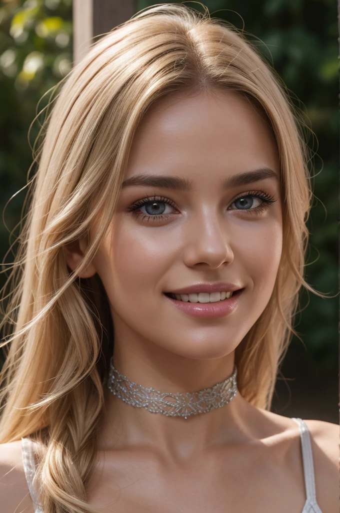 4k, 8k, ultra highres, raw photo in hdr, sharp focus, intricate texture,realistic, detailed facial features, highly detailed face, posing,perfect lighting,long hair,makeup,close-up,choker,smile,Dollblush2,blonde hair