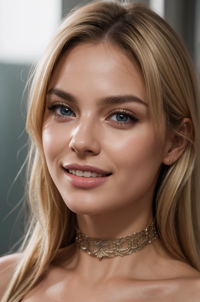 4k, 8k, ultra highres, raw photo in hdr, sharp focus, intricate texture,realistic, detailed facial features, highly detailed face, posing,perfect lighting,long hair,makeup,close-up,choker,smile,Dollblush2,blonde hair