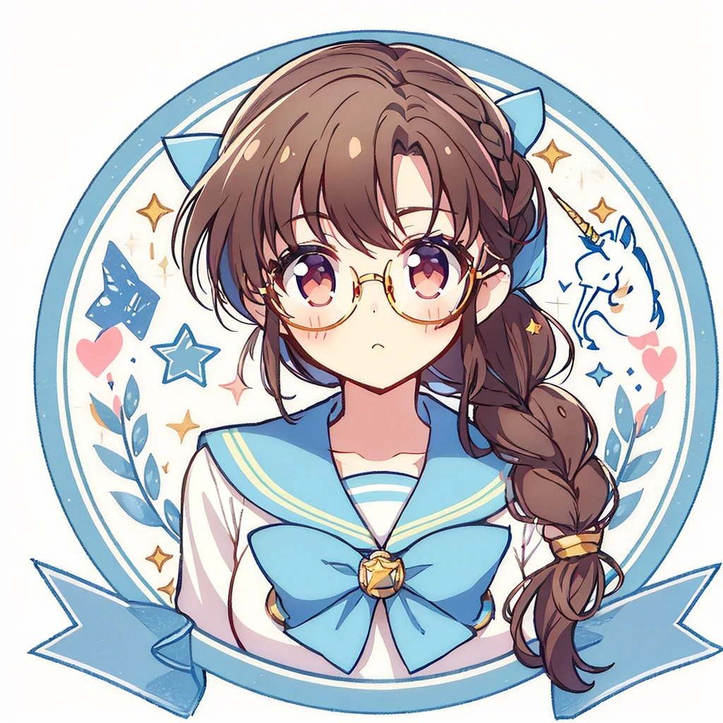 Circular emblem{star、ribbon、unicorn、candy、rainbow}、A girl with a single braided hairstyle{Glasses、Brown Hair、Brown eyes、Light blue sailor suit、Red neckerchief}