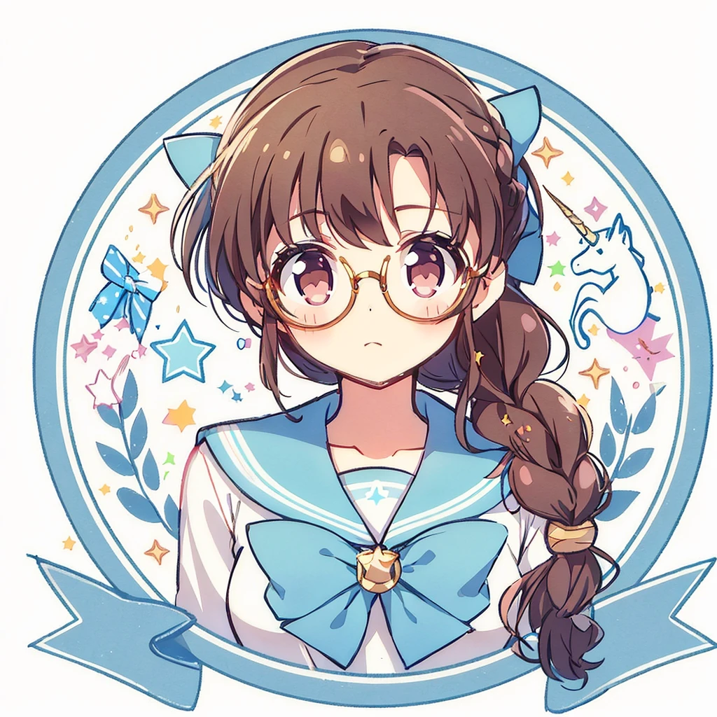 Circular emblem{star、ribbon、unicorn、candy、rainbow}、A girl with a single braided hairstyle{Glasses、Brown Hair、Brown eyes、Light blue sailor suit、Red neckerchief}