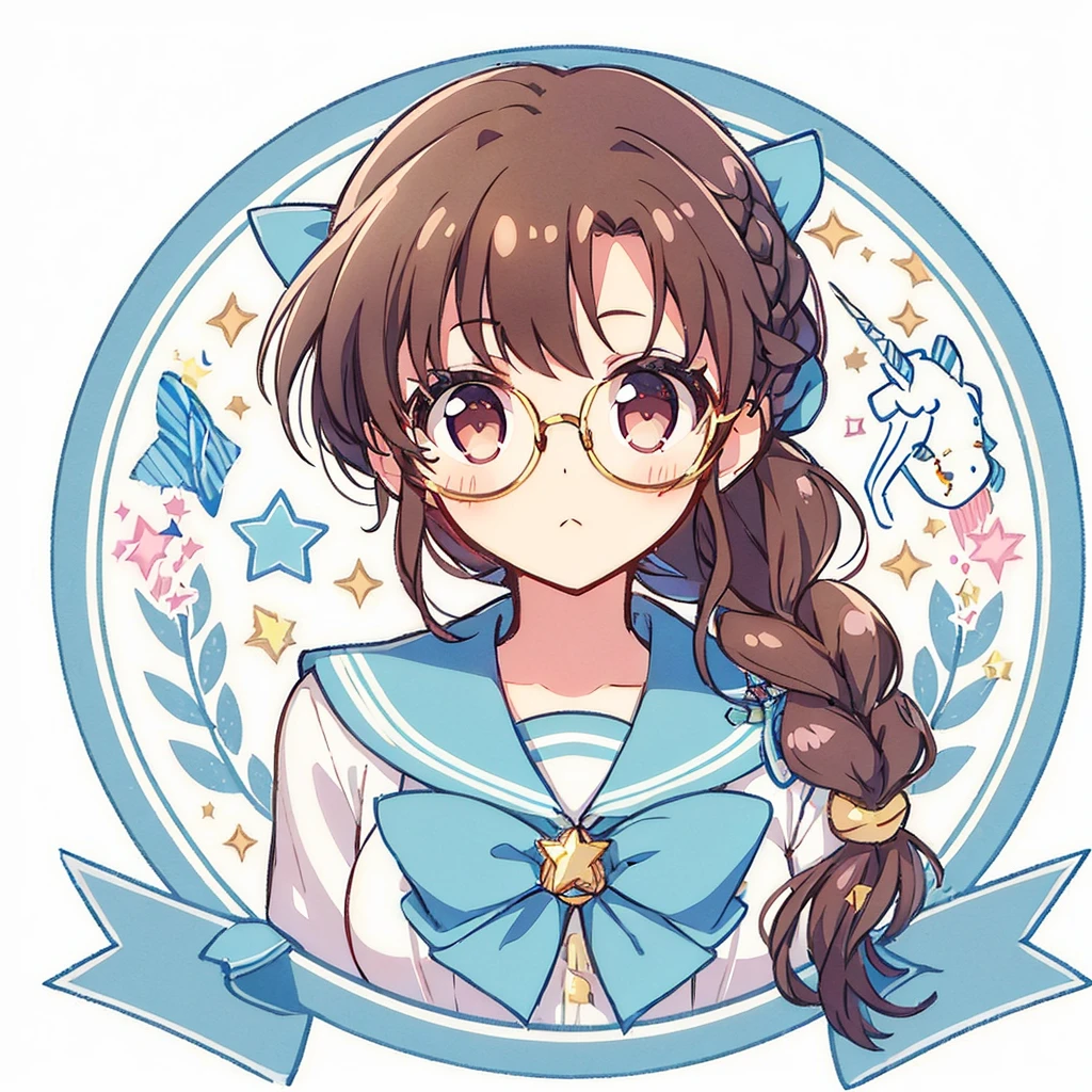 Circular emblem{star、ribbon、unicorn、candy、rainbow}、A girl with a single braided hairstyle{Glasses、Brown Hair、Brown eyes、Light blue sailor suit、Red neckerchief}