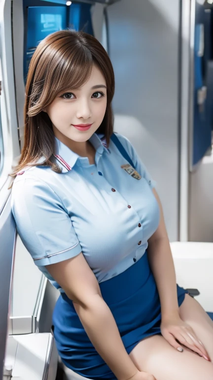 (8K, best quality, masterpiece, Golden Ratio Composition,:1.3), (40-year-old plump Japanese woman in the plane cabin), (90 kg obese body), (Legs close-up), (Thick thighs), (Snow-white long legs), (Wearing stewardess uniform :1.2), (Huge breasts), (Big thick legs), (jeans), Soft face line, Gentle and beautiful, (Silver short hair),