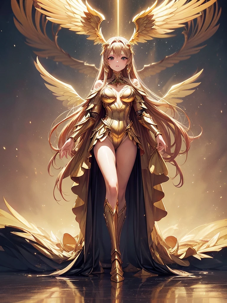 (masterpiece), (best quality), (high detail), best quality, extremely beautiful, beautiful face, angel woman, 2 big golden wing, full body. revealing armor with open_front_skirt, very long hair