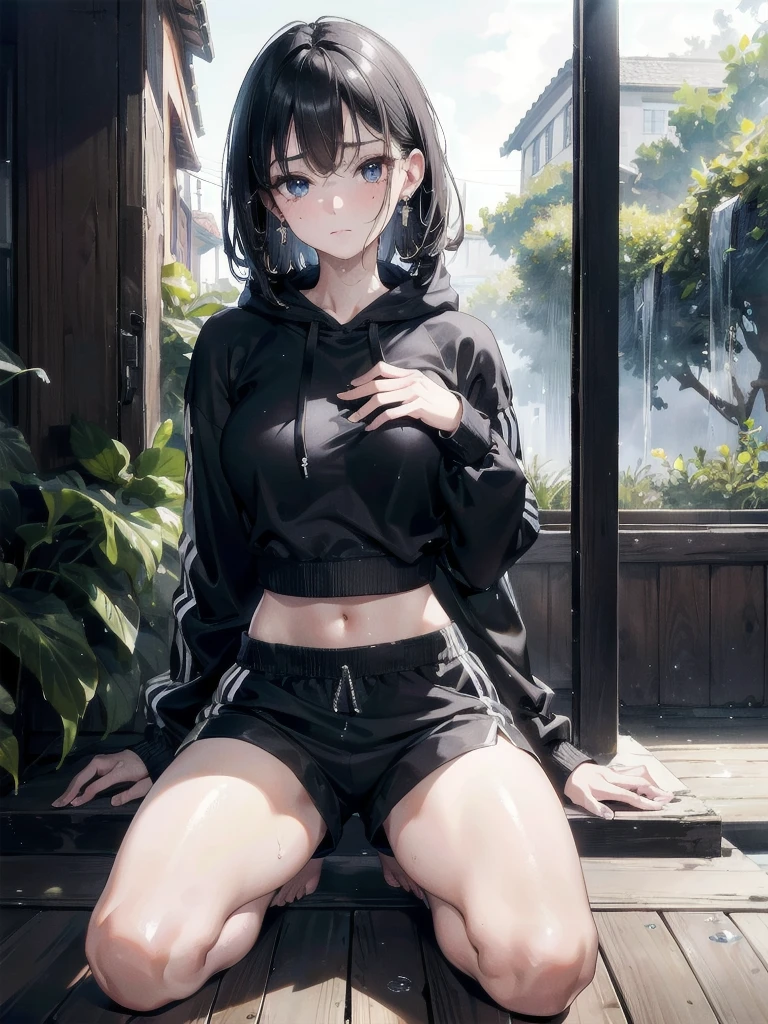 absurdres, RAW photo, extremely delicate and beautiful, masterpiece, Best Quality, ultra high resolution, 32k, hyperrealistic, ultra-detailed, in her 20s, delicate facial features, tearful mole, earring, medium breasts, full body shot, shorter middle hair, black hair, wet clothes, tracksuit shorts, Lightweight hoodie, crop top,