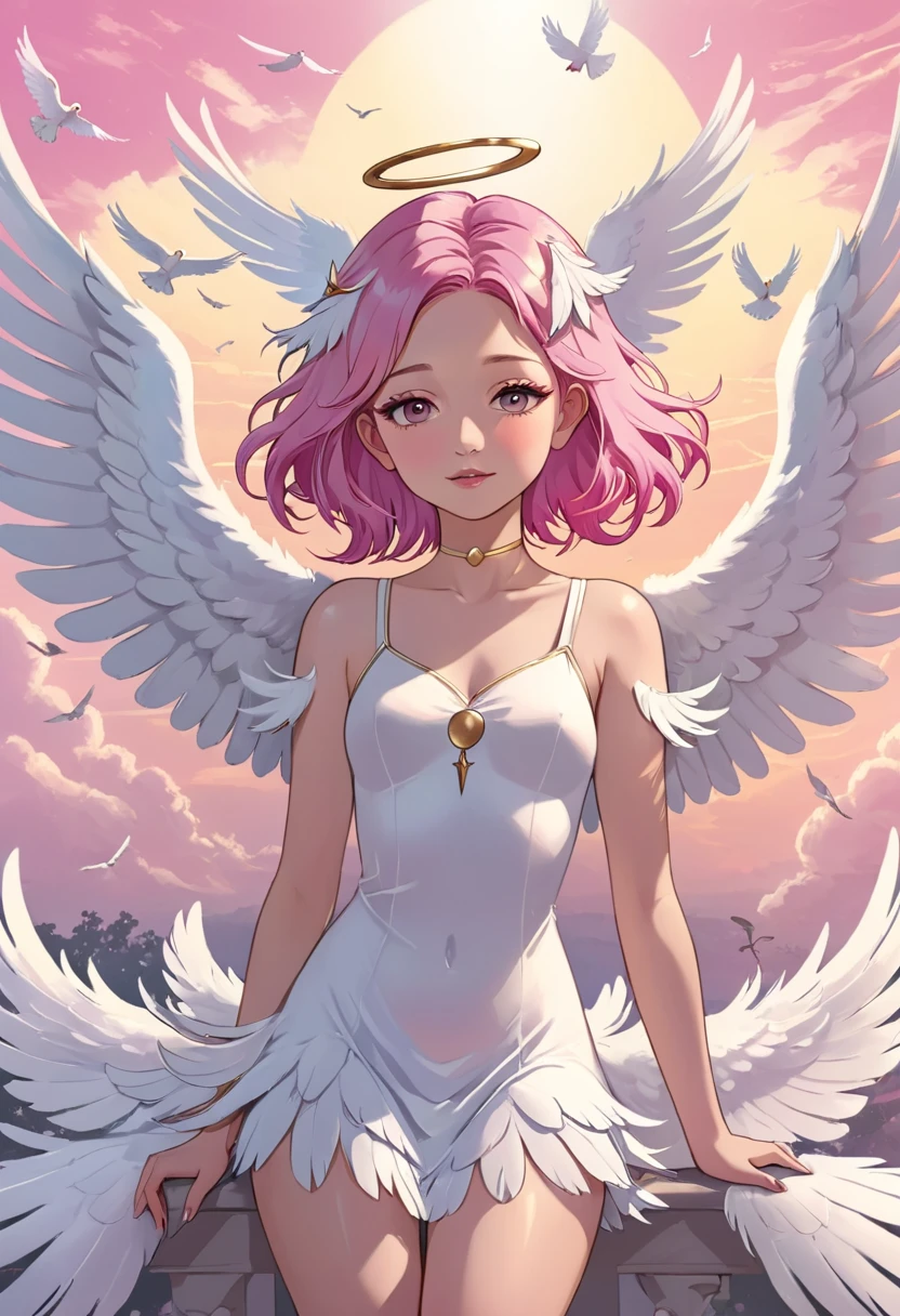 1girl,angel,angel wings,bird,dove,feathered wings,feathers,pink hair,solo,white feathers,white wings,wings
