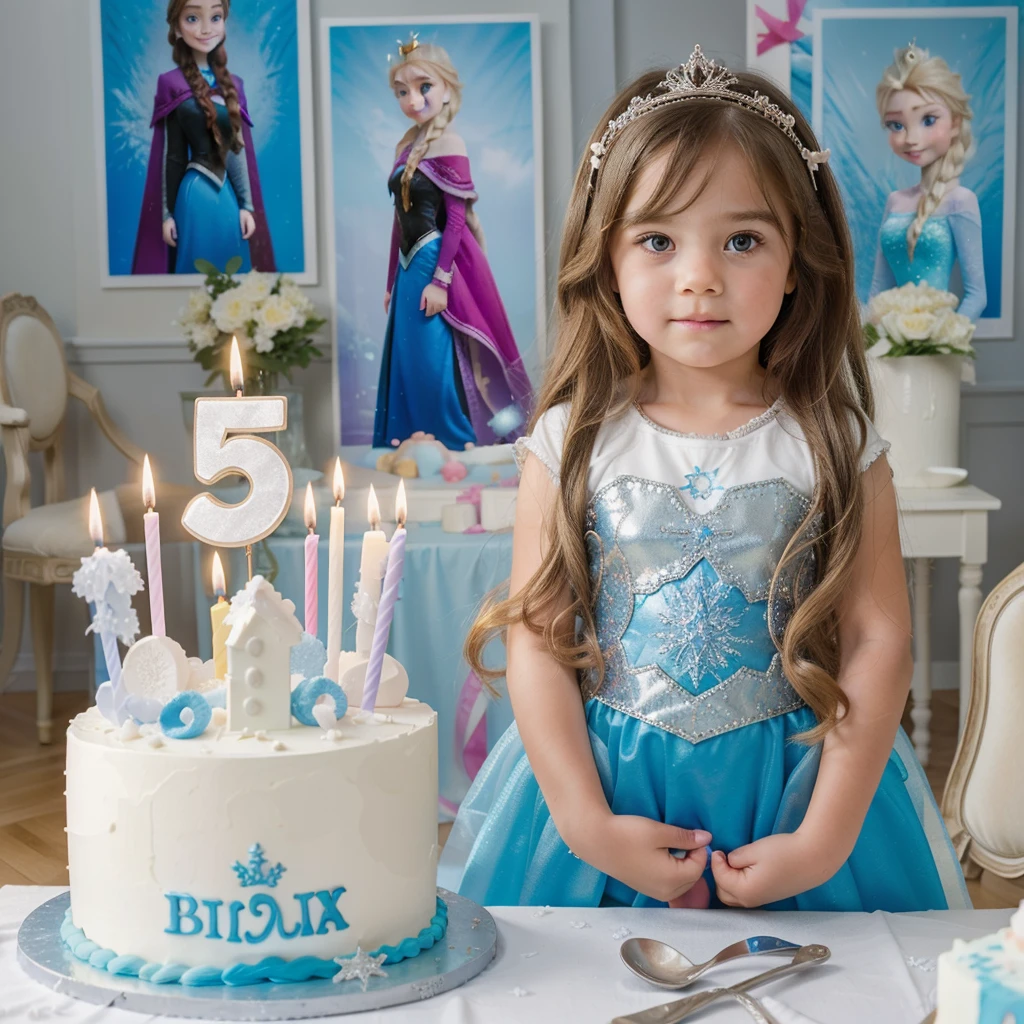 real potrait, full body, long shot, a 5 year old with long hair wearing frozen princess style clothes, was standing in front of a birthday cake, there is a candle in the shape of the number 5, There's writing "alma" , Room decoration with a Frozen movie feel