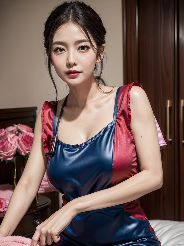 ((Highest quality)),((masterpiece)),((extremely detailed CG 8k)),((45-year-old home helper)),Full body photography,Photographed from the front,((expression)視聴者を馬鹿にしているexpression),(Wearing dark pink lipstick),((skin)Applying a lot of oil),((Costume)Red and blue two-tone color,Caregiver's uniform),Colors inspired by the Korean flag,((Body shape)Tall and y body,The abdomen is tight,Long, strong, voluptuous legs,Voluptuous thighs,Large Breump and vulgar large areola,Plu large nipples),((Line t)カメラLine of sight),((Hairstyle)Short Bob),Captivating Gaze,Her arms are raised and clasped behind her head so that her armpits are clearly visible.,Please show your armpits,Armpits,Sweaty portrayal,Standing on the ground with your legs apart and squatting to show off your crotch,Watching down on viewers,Shiny all over the body