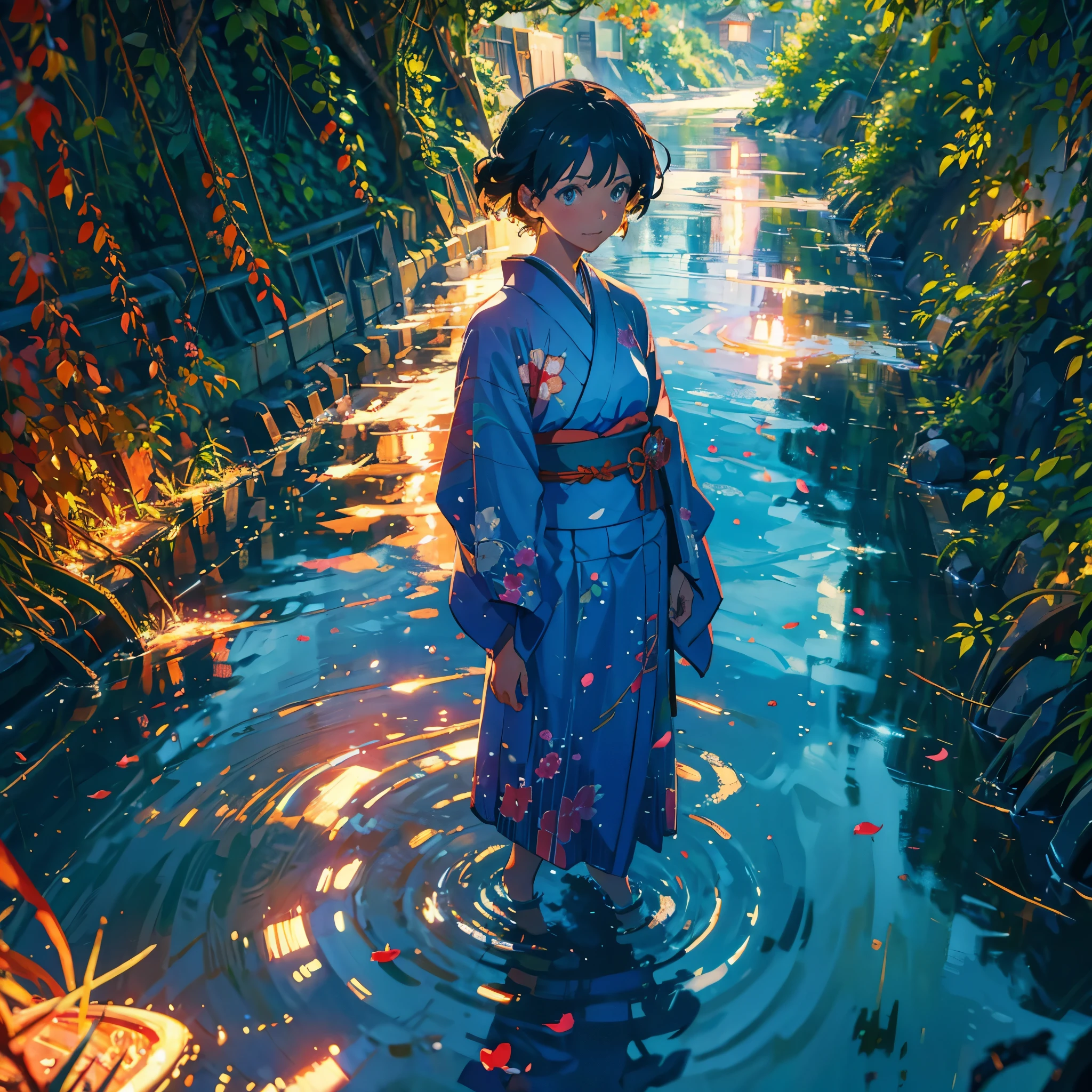 (masterpiece), (high resolution 8K), professional illustration, 1 girl, late teenage, standing, long shot, dutch angle, japanese clothes, kimono, medium hair, smile, erotic expression, looking away, waterfalls, clear streams, morning, natural lighting, high contrast, stunning face, symmetrical clear eyes, detailed eyes and face, Shinkai Makoto style,(kimono with a long kimono hem)