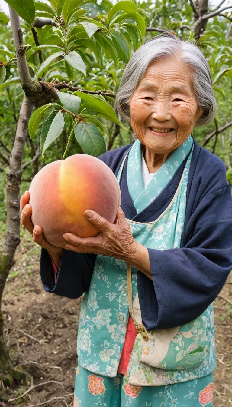 Holding a giant peach,Grandmother,Japan,Old tales,smile