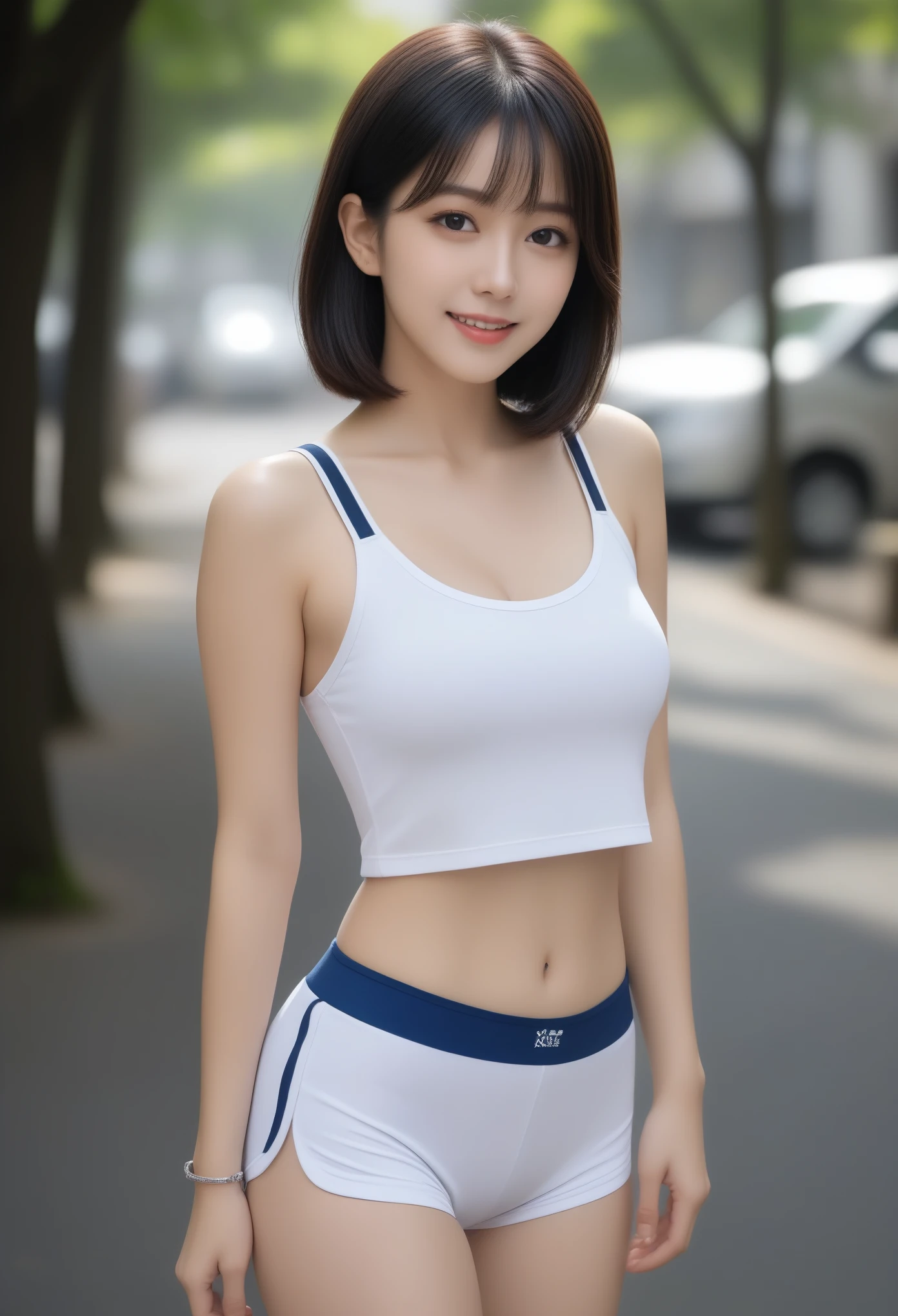 8K, Ultra-high resolution, Highest quality, masterpiece, 三分割法によるphotograph,Surreal, photograph, 1 Girl, (Age 25:1.3), pretty girl, Cute face, Beautiful eyes in every detail, 細かくdetailedに,masterpiece,, One Girl:1.2, Japan Female Announcer,Young Wife,whole body,Outdoor,street tree,Asahi,Jogging Wear,Sports Bra,Shorts,Beautiful leg line beauty,Feel-good sweat,A refreshing smile,Black Hair,Short Bob,(((Ideal body type))),A-cup small breasts :2,、Portraiture:2、Perfect Anatomy、鮮明なdetailed、detailed、Surreal、Light and shadow,Strong light