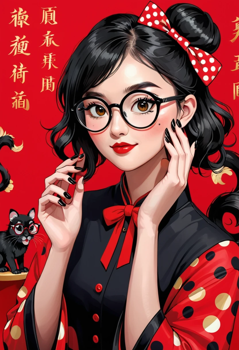 1girl,adjusting eyewear,bespectacled,black-framed eyewear,black nails,bow,chinese zodiac,glasses,nail polish,new year,polka dot,red background,round eyewear,solo
