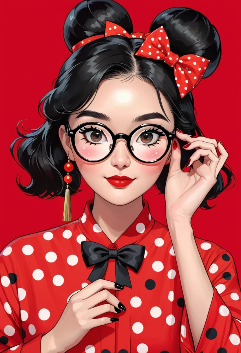 1girl,adjusting eyewear,bespectacled,black-framed eyewear,black nails,bow,chinese zodiac,glasses,nail polish,new year,polka dot,red background,round eyewear,solo