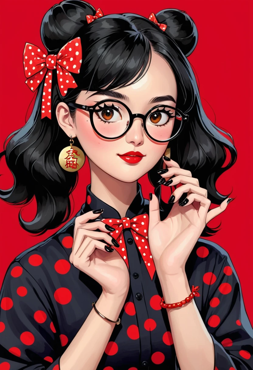 1girl,adjusting eyewear,bespectacled,black-framed eyewear,black nails,bow,chinese zodiac,glasses,nail polish,new year,polka dot,red background,round eyewear,solo