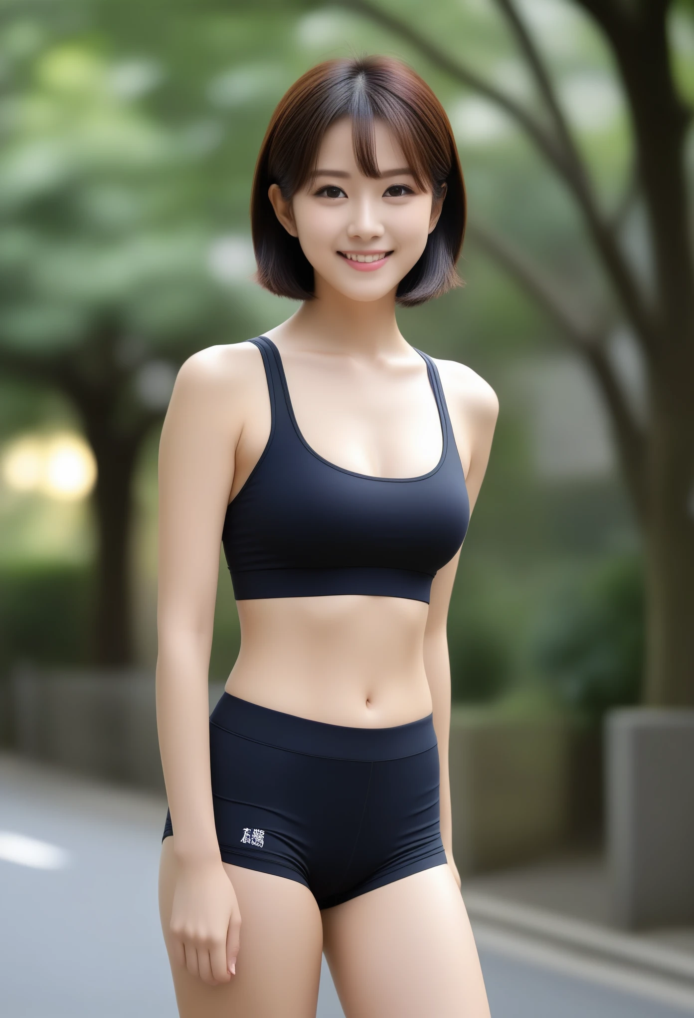 8K, Ultra-high resolution, Highest quality, masterpiece, 三分割法によるphotograph,Surreal, photograph, 1 Girl, (Age 25:1.3), pretty girl, Cute face, Beautiful eyes in every detail, 細かくdetailedに,masterpiece,, One Girl:1.2, Japan Female Announcer,Young Wife,whole body,Outdoor,street tree,Asahi,Jogging Wear,Sports Bra,Shorts,Beautiful leg line beauty,Feel-good sweat,A refreshing smile,Black Hair,Short Bob,(((Ideal body type))),A-cup small breasts :2,、Portraiture:2、Perfect Anatomy、鮮明なdetailed、detailed、Surreal、Light and shadow,Strong light