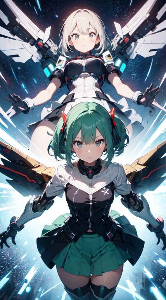 Anime-style illustration of a girl with pastel green hair doing an airborne beam sword action. Created by FuturEvoLab, (X-Ray Style: 1.5), detailed explanation, (Mecha flare type skirt: 1.5), This is a scene where a girl captures her movements.. Dynamic aerial combat and performance with movement and intensity. Mechanical Wings, Futuristic Mech, Another Dimension Cyberpunk, Shining Core Reactor, Etheric Energy Field, Bright colors, Intricate details, movie