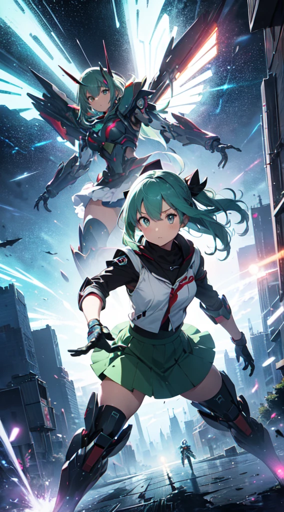 Anime-style illustration of a girl with pastel green hair doing an airborne beam sword action. Created by FuturEvoLab, (X-Ray Style: 1.5), detailed explanation, (Mecha flare type skirt: 1.5), This is a scene where a girl captures her movements.. Dynamic aerial combat and performance with movement and intensity. Mechanical Wings, Futuristic Mech, Another Dimension Cyberpunk, Shining Core Reactor, Etheric Energy Field, Bright colors, Intricate details, movie