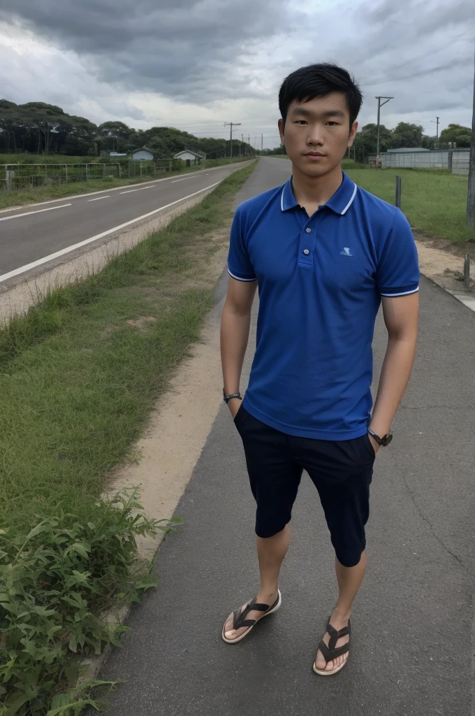 young asian man In a gray polo shirt sitting by the canal with a serious expression, looking into the distance Turn your head slightly.，Cloudy day 