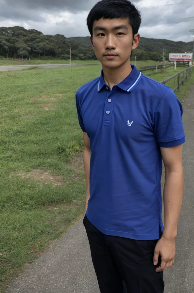 young asian man in a blue polo shirt Standing on the roadside with a serious expression, looking into the distance Turn your head slightly.,cloudy day smile