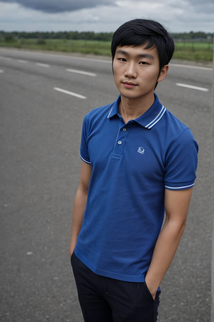 young asian man In a gray polo shirt sitting by the canal with a serious expression, looking into the distance Turn your head slightly.，Cloudy day 