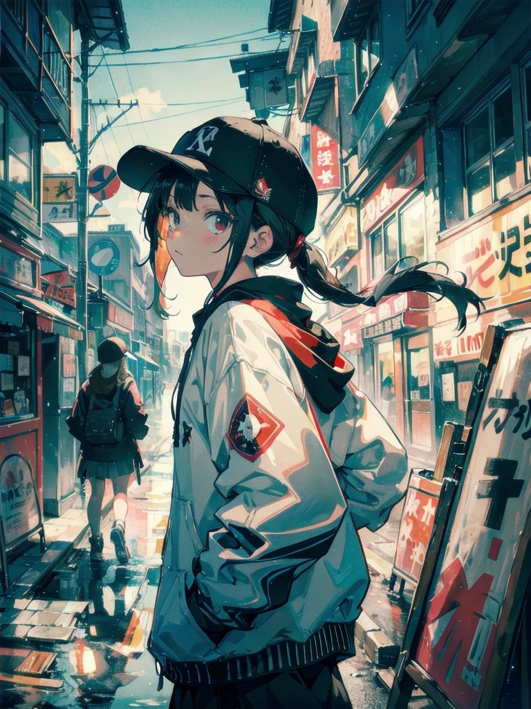 1girll,Back shadow splatter,paint splatter Sweatshirt,An off-the-shoulder garment,baseball cap,Alchemy Laboratory,the mystery of unknown territories,Put your hands in your pockets,random colorful long hair,Shoulder-length hair,Black eyes,Game scene graph, raining street background